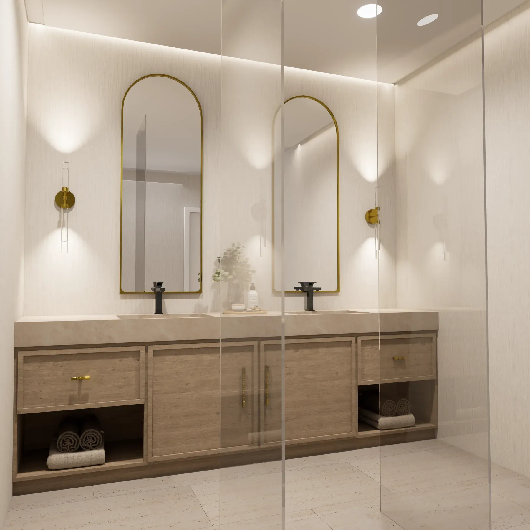 Render de un baño de Grand Village, con vanitory doble y espejos con marco de arco