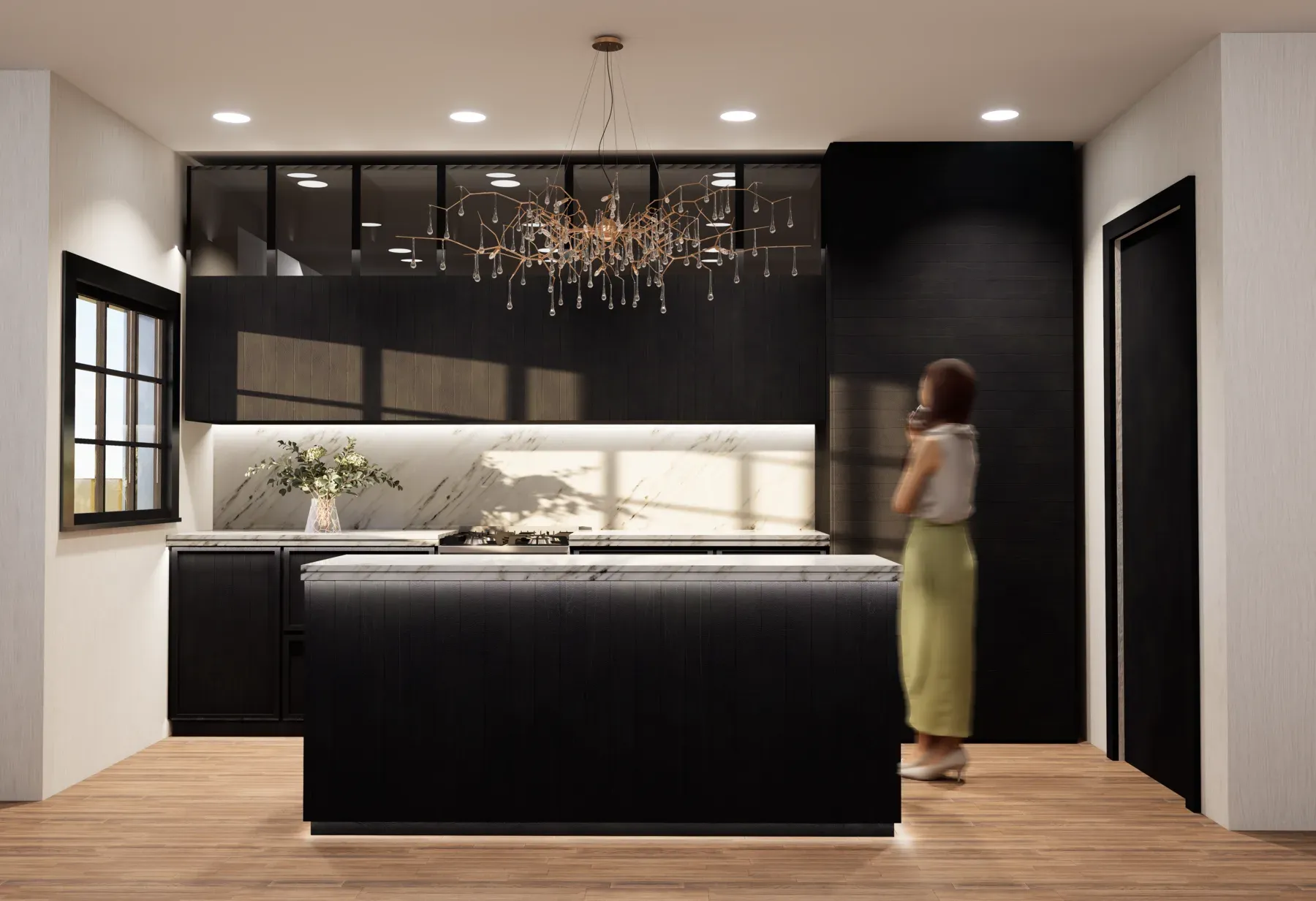 Render de una cocina de Grand Village, con detalles en negro y mármol