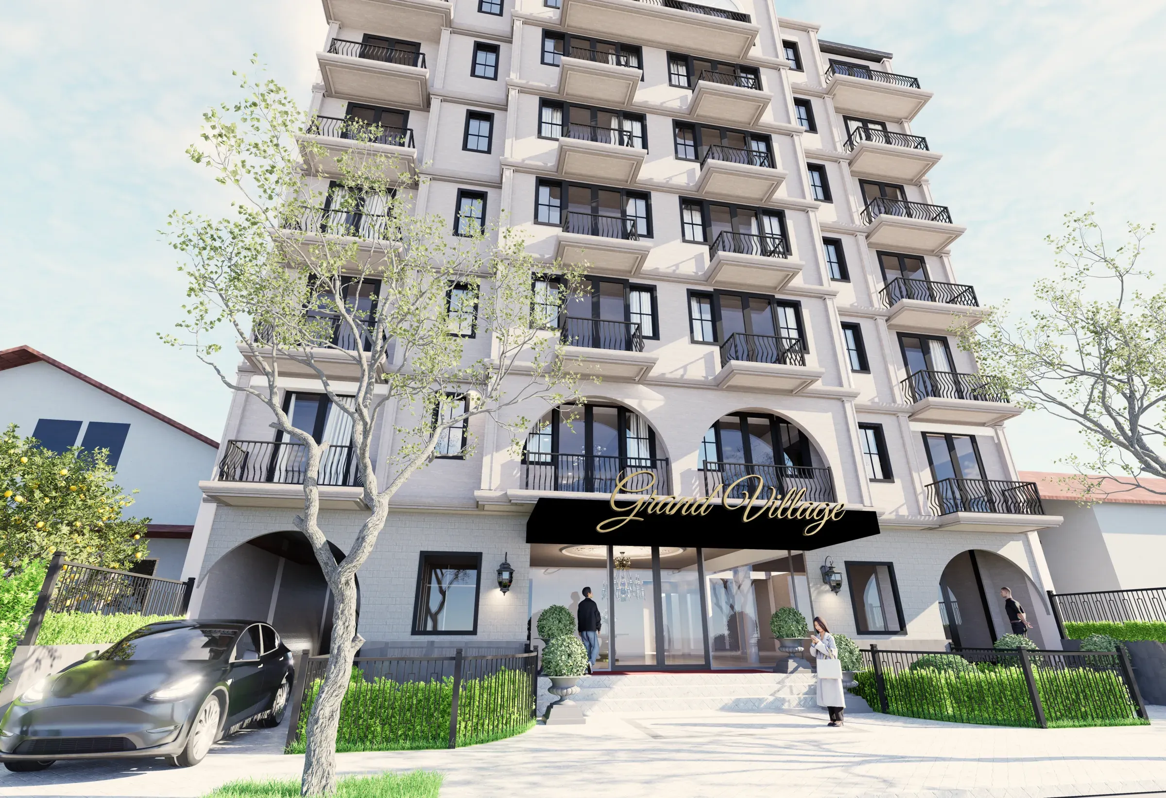 Render de la fachada de Grand Village, edificio de arquitectura clásica con balcones