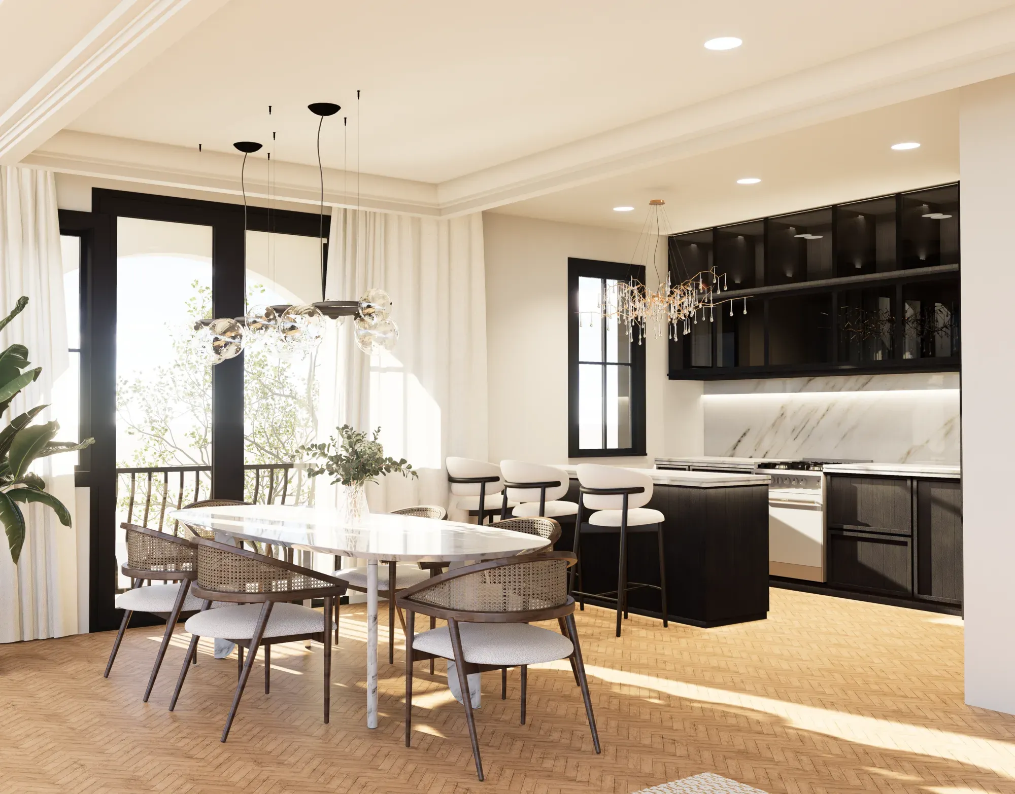 Render de un living comedor de Grand Village, con puertas de arco y luz natural